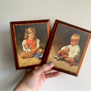 Vintage Boy & Girl Wall Art Prints on Wood Hufford Small Painting Children